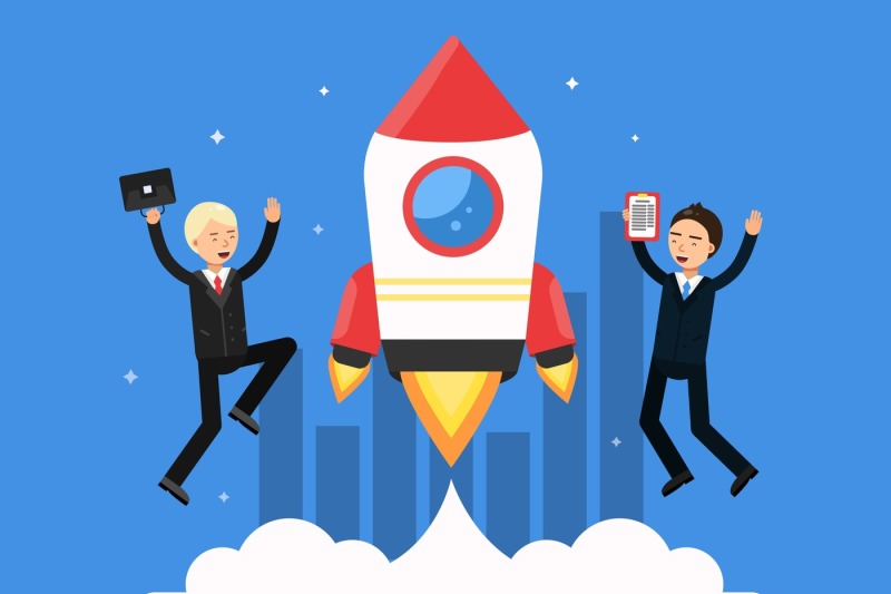 concept-picture-with-symbols-of-startup-rocket-and-happy-businessmen