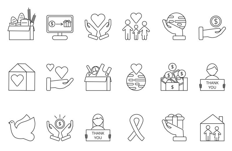 symbols-of-volunteers-and-charities-organisations-monolines-icons-set