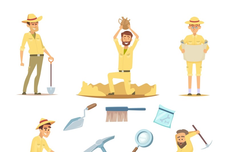 vector-archaeologist-characters-at-work-cartoon-mascots-in-action-pos