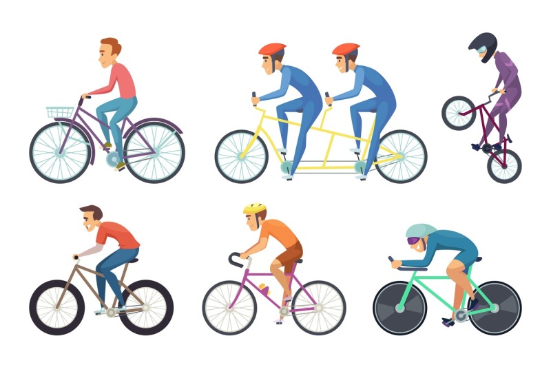 bicyclist-ride-various-bikes-funny-characters-isolate-on-white-backgr