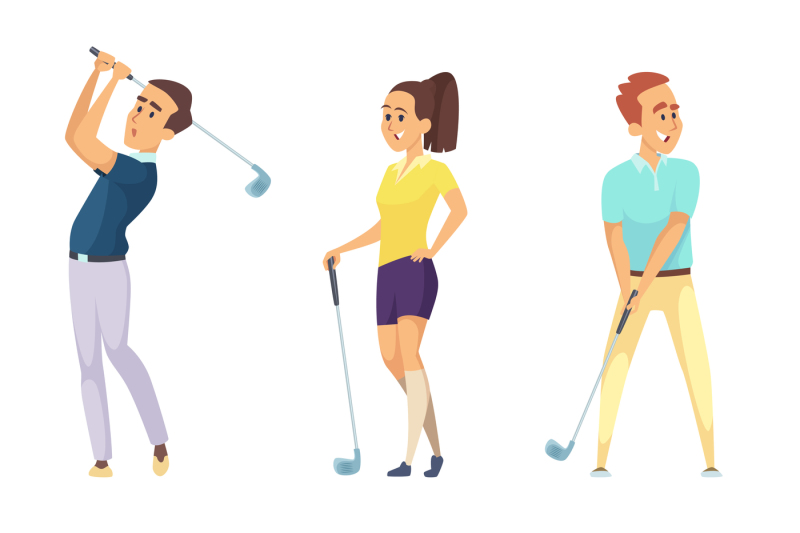 sport-characters-and-various-tools-for-golf-players-vector-cartoon-ma