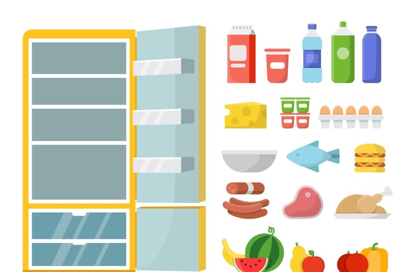 empty-refrigerator-and-different-food-vector-flat-illustrations