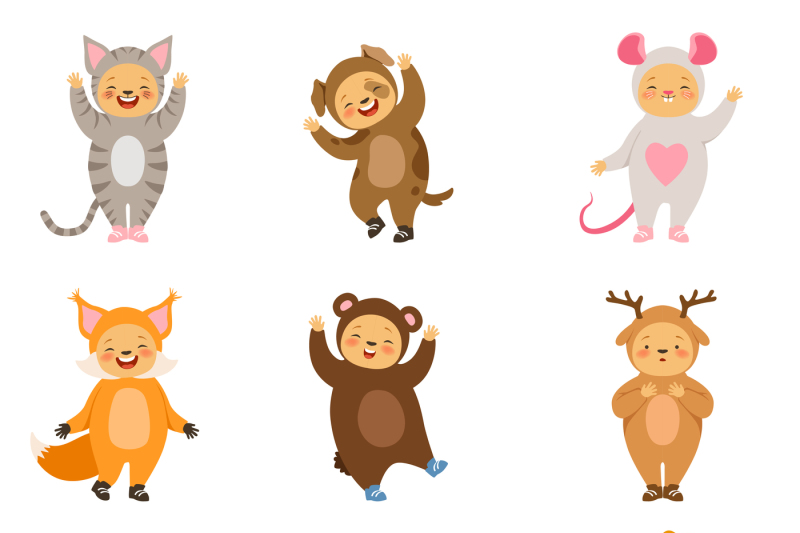 kids-party-costumes-of-funny-cartoon-animals-vector-pictures-isolate