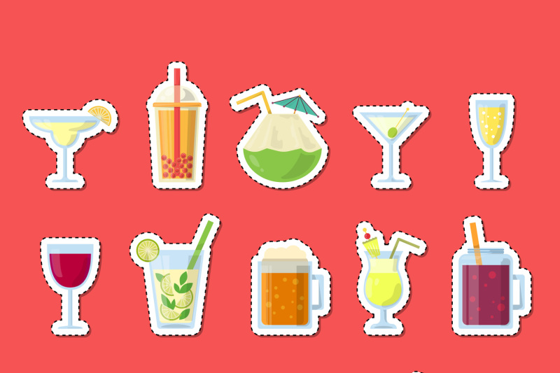 vector-stickers-set-with-alcoholic-drinks-in-glasses-and-bottles-in-fl