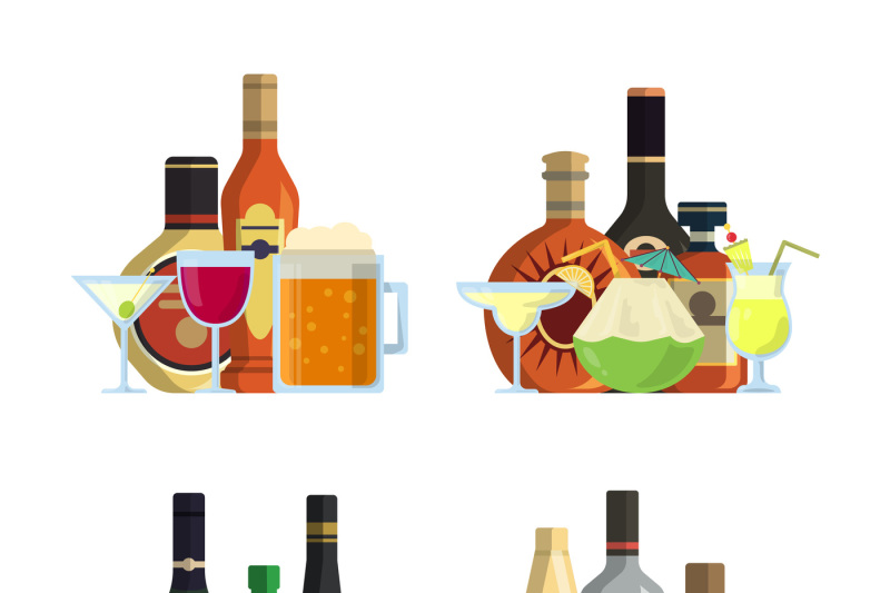 vector-piles-of-alcoholic-drinks-in-glasses-and-bottles-in-flat-style