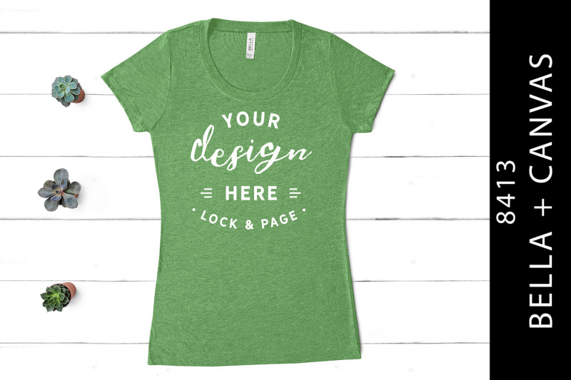 Free Green Bella Canvas 8413 Triblend T-Shirt Mockup White Wood (PSD Mockups)