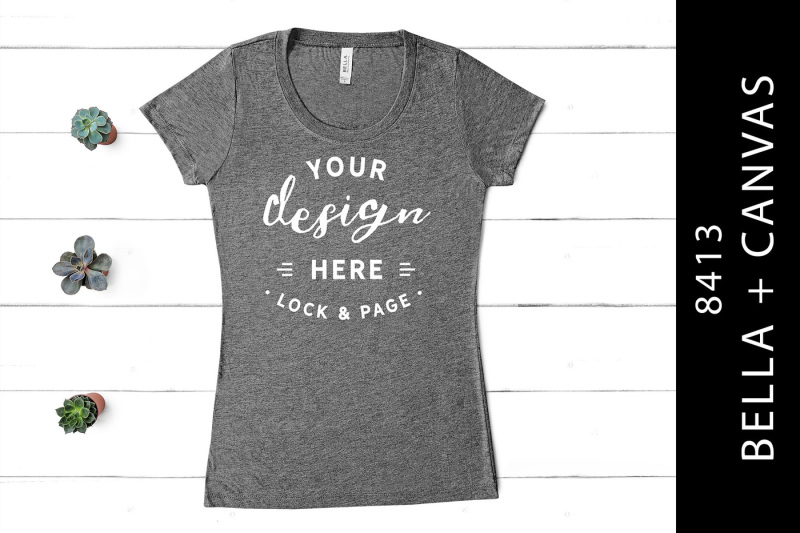 Free Grey Bella Canvas 8413 Triblend T-Shirt Mockup On White Wood (PSD Mockups)