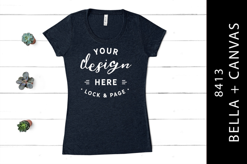 Free Solid Navy Bella Canvas 8413 Triblend T-Shirt Mockup On Wood (PSD Mockups)