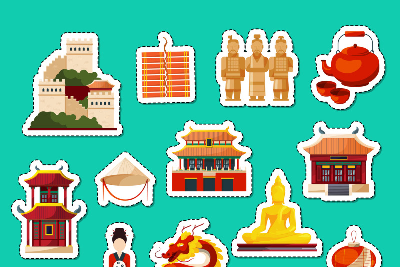 vector-set-of-flat-style-china-elements-and-sights-stickers