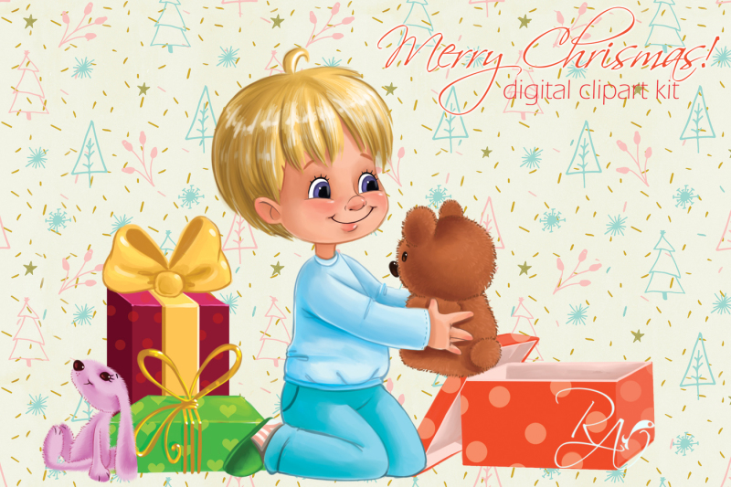 cute-boy-with-gifts-and-teddy-bear-christmas-clipart-kit
