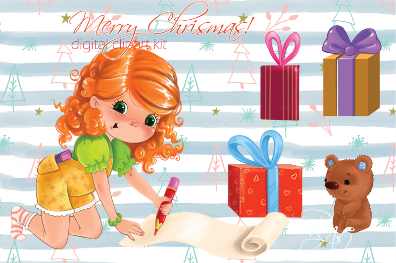 cute-girl-with-gifts-and-teddy-bear-christmas-clipart-kit