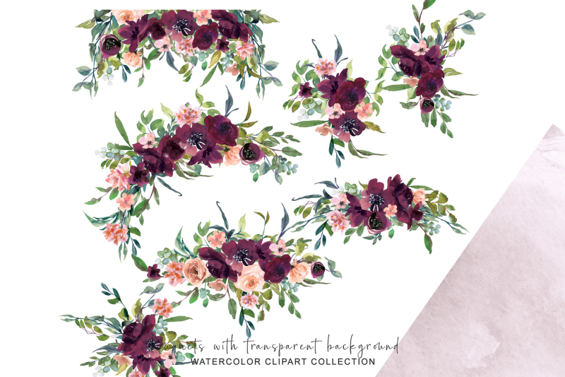 Watercolor Burgundy Flowers Arrangement Clipart By Patishop Art ...