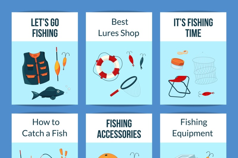 vector-card-or-flyer-set-with-cartoon-fishing-equipment