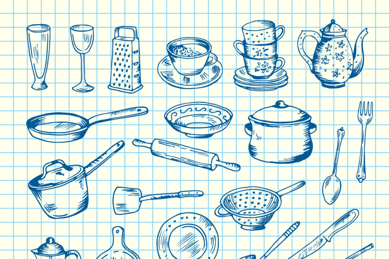 vector-set-of-kitchen-utensils-on-cell-sheet-illustration