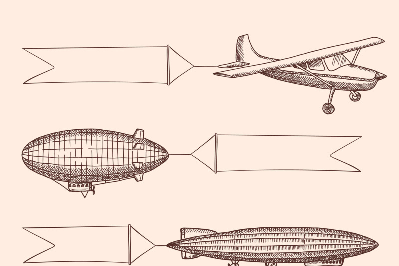 vector-set-of-steampunk-hand-drawn-vintage-dirigibles-and-airplane-wit