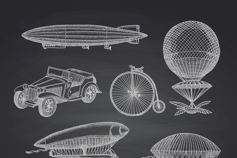 vector-set-of-steampunk-hand-drawn-dirigibles-bicycles