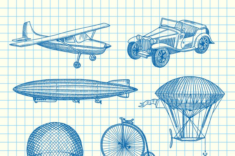 vector-set-of-steampunk-hand-drawn-dirigibles-bicycles-and-cars