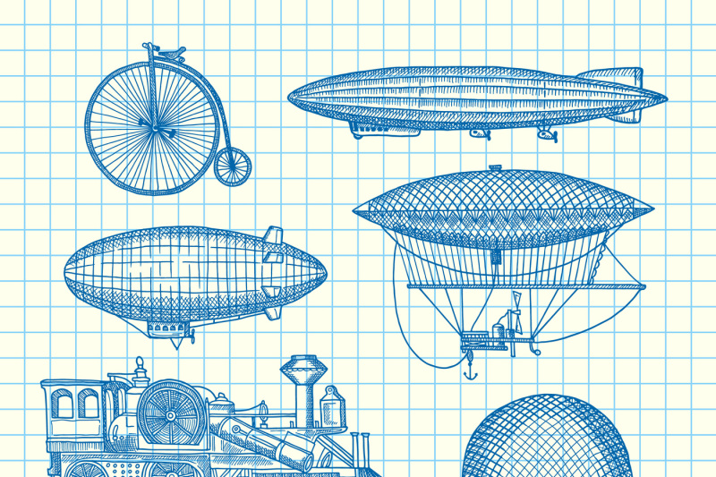 vector-set-of-steampunk-hand-drawn-dirigibles-bicycles-and-cars-on-ce