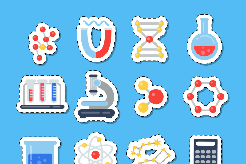 vector-flat-style-science-icons-stickers-with-shadows-set