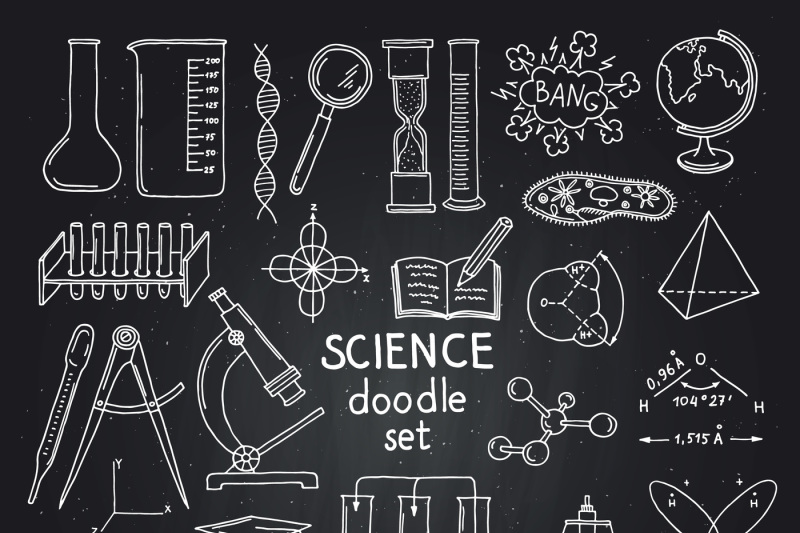 vector-sketched-science-or-chemistry-elements-set-on-black-chalkboard