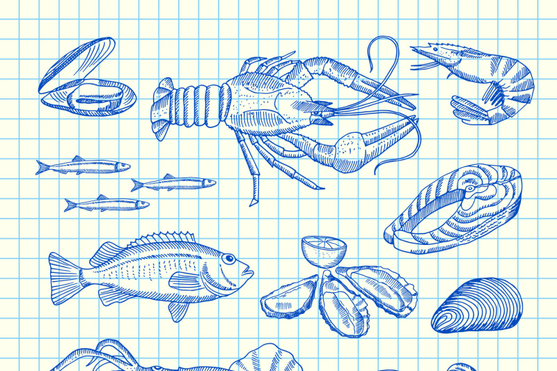 vector-hand-drawn-seafood-elements-set