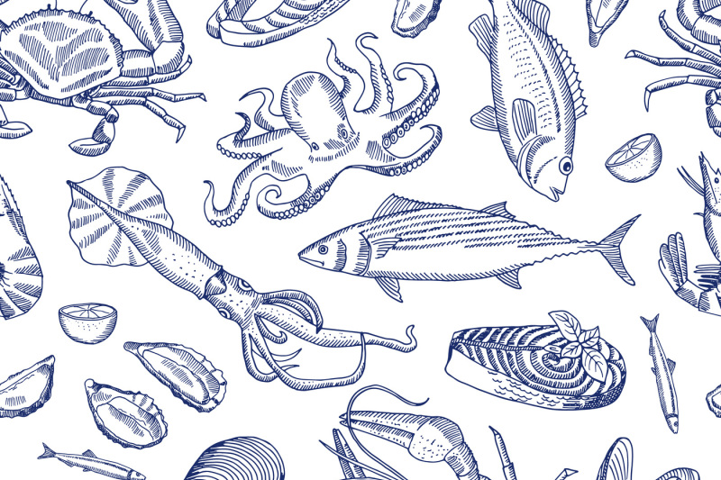 vector-hand-drawn-contoured-seafood-elements-pattern