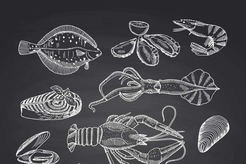 vector-hand-drawn-seafood-elements-on-black-chalkboard-set