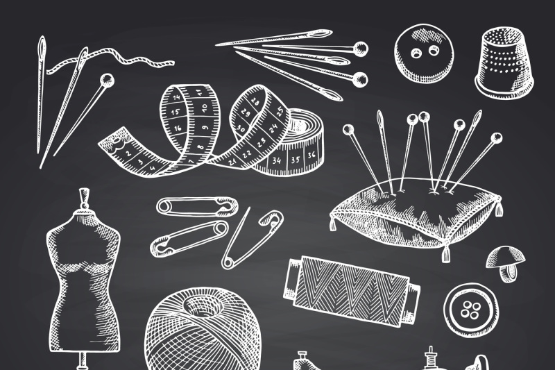 vector-set-of-hand-drawn-sewing-elements-on-black-chalkboard-illustrat
