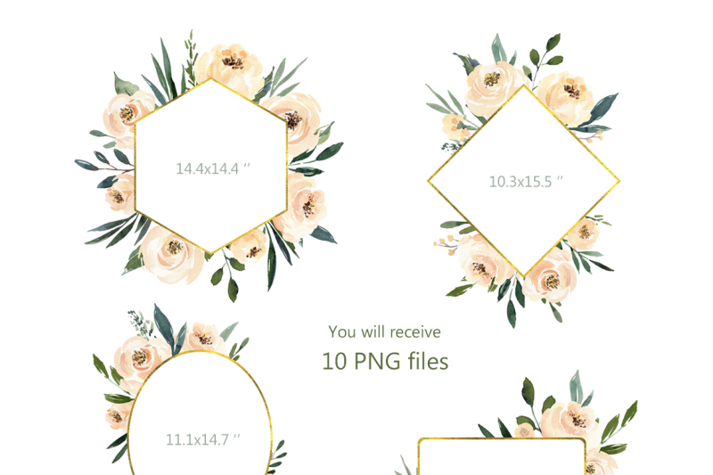 watercolor-beige-flowers-and-leaves-bouquets-and-frames-png