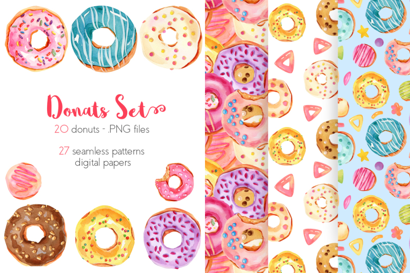 watercolor-donuts-illustrations-patterns-digital-paper