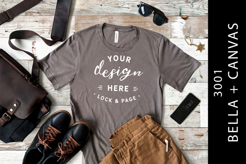 Free Male Asphalt Bella Canvas 3001 T-Shirt Mockup Flat Lay (PSD Mockups)