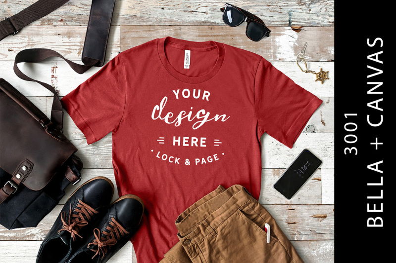 Free Men's Canvas Red Bella Canvas 3001 T-Shirt Mockup (PSD Mockups)