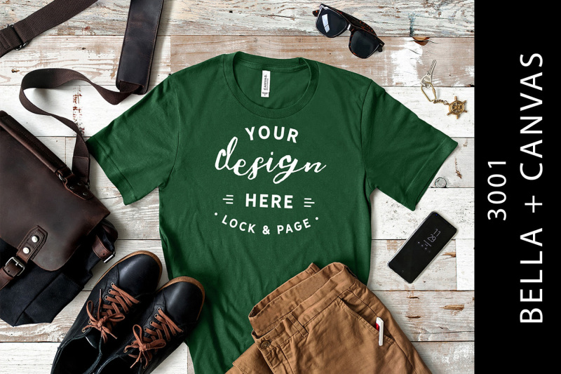 Free Evergreen Male Bella Canvas 3001 TShirt Mockup Masculine Flat Lay (PSD Mockups)