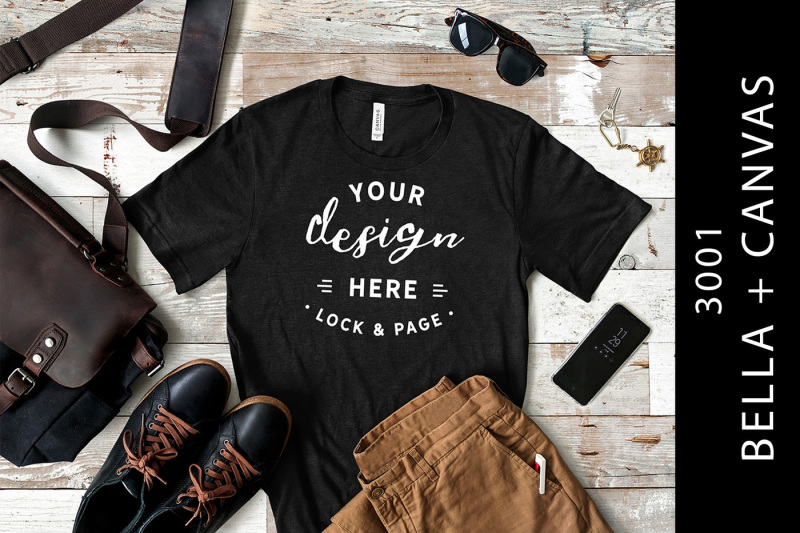 Free Heather Black Bella Canvas 3001 Men's T-Shirt Mockup Flatlay (PSD Mockups)