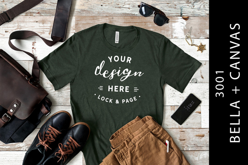 Free Men's Heather Forest Bella Canvas 3001 Mockup Male T-Shirt (PSD Mockups)