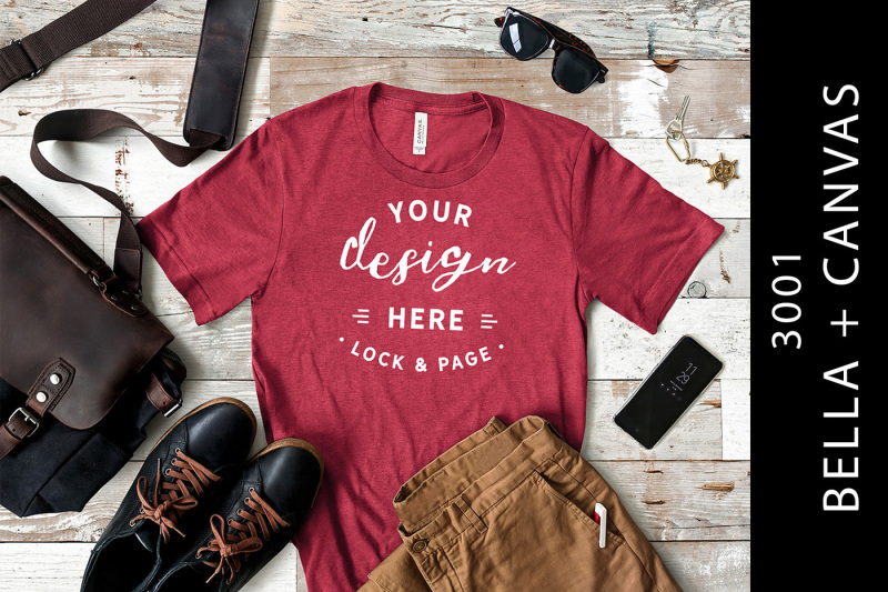 Free Male Heather Raspberry Bella Canvas 3001 T Shirt Mockup (PSD Mockups)