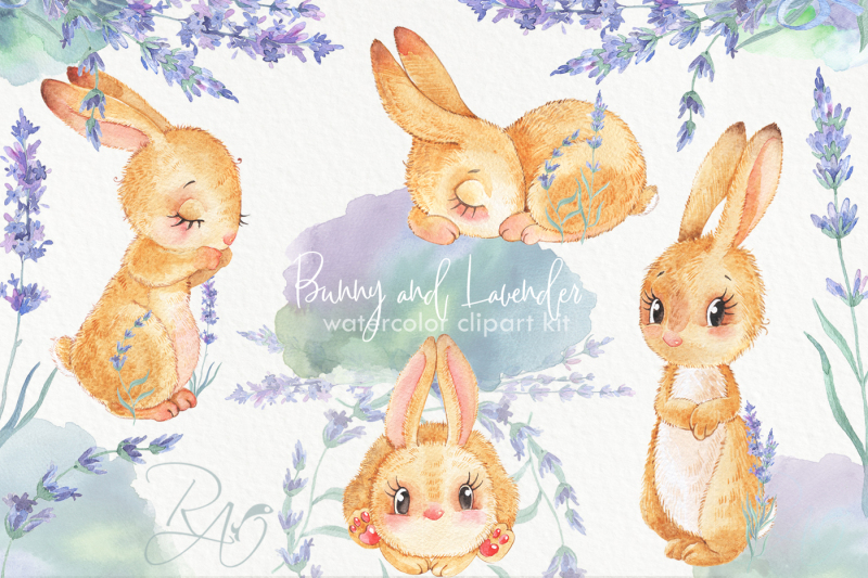 bunny-lavender-watercolor-clipart-kit