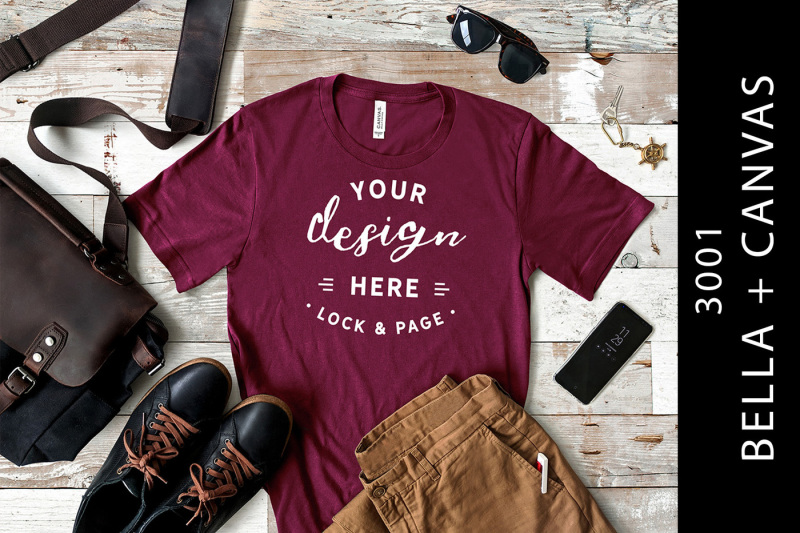 Free Maroon Men's Bella Canvas 3001 T-Shirt Mockup Male Flat Lay (PSD Mockups)