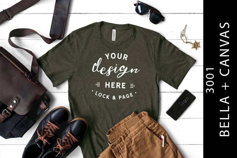Free Male Heather Military Green Bella Canvas 3001 T-Shirt Mockup (PSD Mockups)
