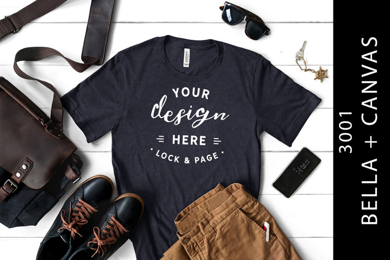 Free Masculine Heather Navy Bella Canvas 3001 Mockup T-Shirt Male (PSD Mockups)