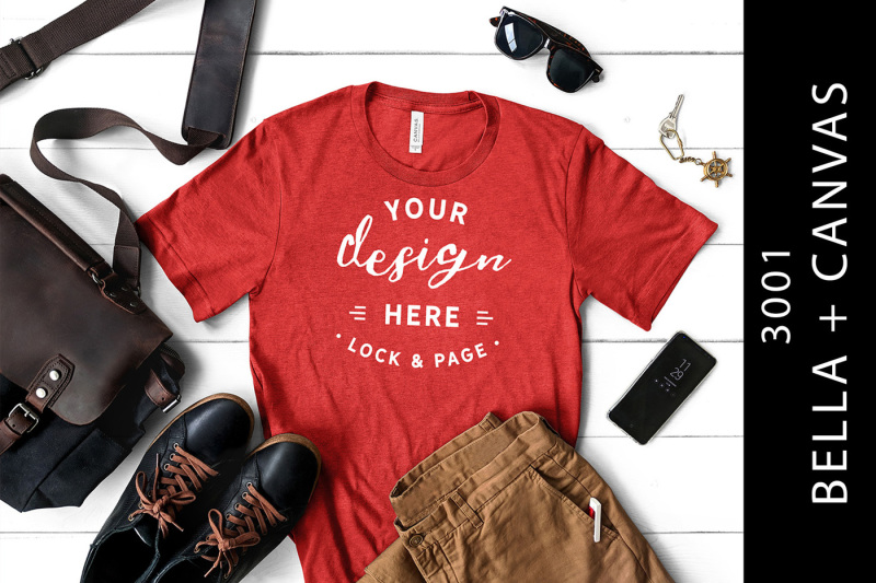 Free Male Heather Red Bella Canvas 3001 Masculine Mockup T Shirt (PSD Mockups)