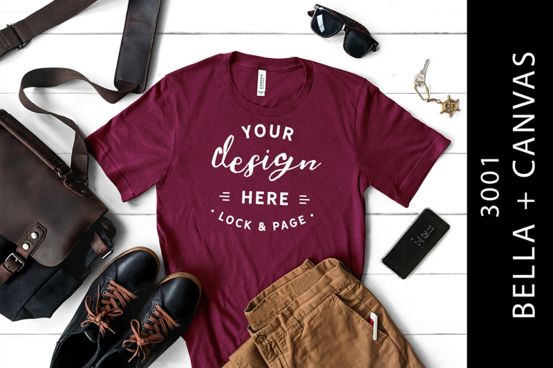Free Male Maroon Bella Canvas 3001 T-Shirt Mockup (PSD Mockups)