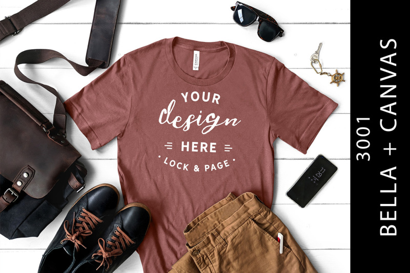 Free Men's Mauve Bella Canvas 3001 Mockup T-Shirt Male Flat Lay (PSD Mockups)