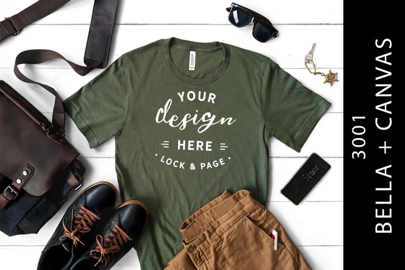 Free Military Green Men's Bella Canvas 3001 T-Shirt Mockup (PSD Mockups)