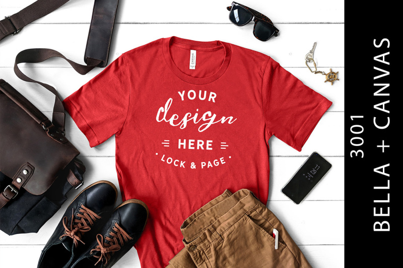 Free Red Men's Bella Canvas 3001 Mockup Male T-Shirt Flat Lay (PSD Mockups)