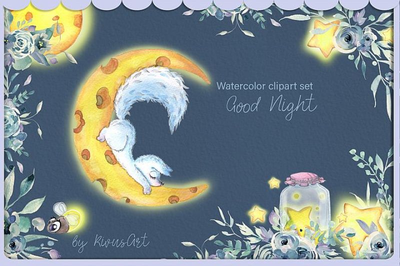 arctic-fox-and-glowworm-night-watercolor-clipart-kit-for-baby
