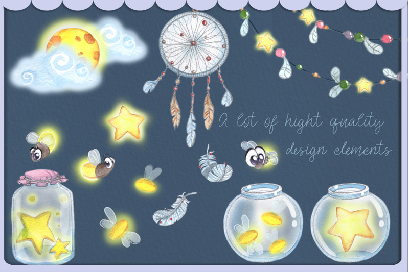 arctic-fox-and-glowworm-night-watercolor-clipart-kit-for-baby