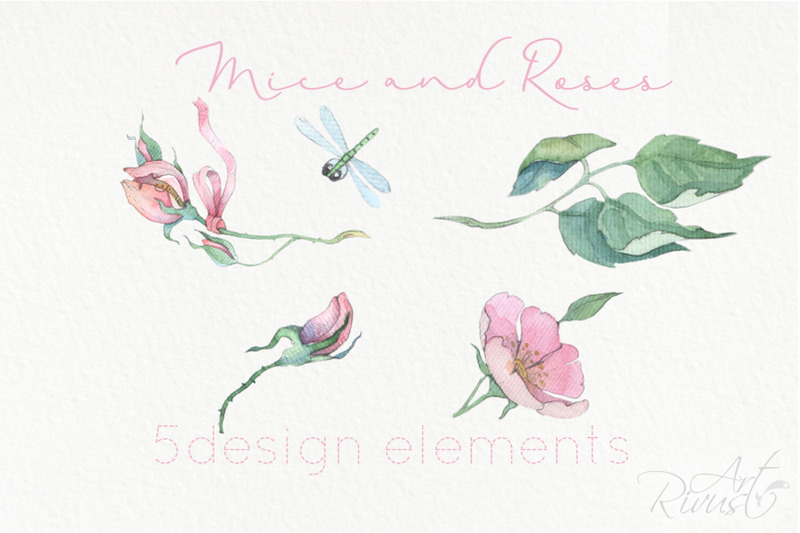 watercolor-cute-mouse-and-wild-rose-flowers-clipart-set