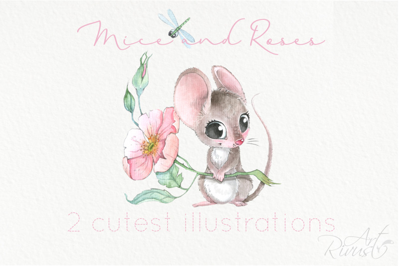 watercolor-cute-mouse-and-wild-rose-flowers-clipart-set