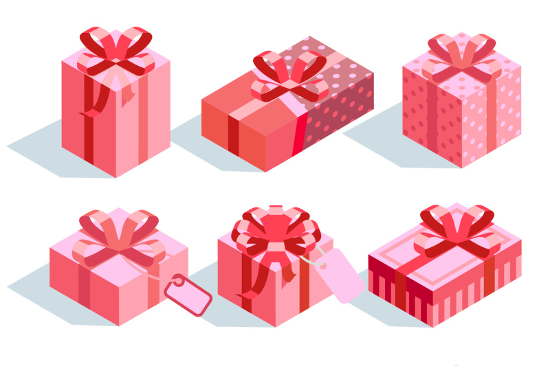 Pink gift boxes with ribbon bows vector icons set By Microvector ...